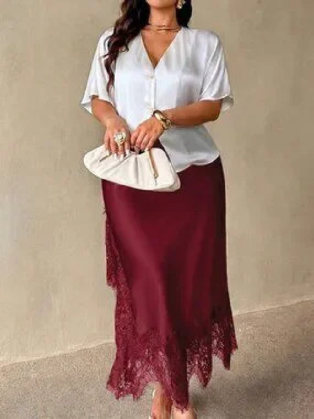 Burgundy Elegant Regular Fit lace details Asymmerical Mermaid Long Skirt